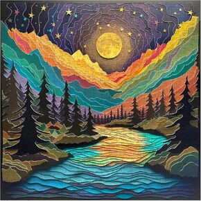 Magic Starry Night Puzzles for Adults 1000 Pieces, Nature Tree Mountain River Sunset Landscape Puzzle, Colorful Autostereoscopy Puzzle Paper Cut Art Puzzle, Difficult Hard Challenge Jigsaw Puzzle