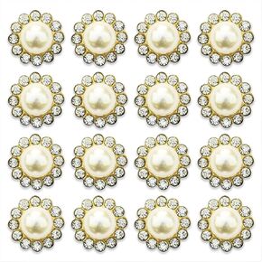 50 Pcs Rhinestone Pearl Button Embellished DIY Handmade Accessories Flatback Golden Bottom Shiny Pearl Button Bridal Bouquet Decoration Home Furnishing Dress Decoration (White)