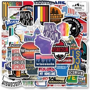 64Pcs Wisconsin Stickers Pack, Aesthetic Vinyl Waterproof Sticker Decals for Water Bottle,Laptop,Phone,Skateboard,Scrapbooking,Bumper for Kids Teens Adults for Party Supply Decor Favor