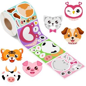 300Pcs Make A Face Stickers Roll Cute Cartoon Animals Make Your Own Dog Cat Owl Stickers Mix and Match DIY Crafts Classroom Teacher Rewards Gifts Party Favors Goodie Bags Stuffers for Kids, 6 Designs