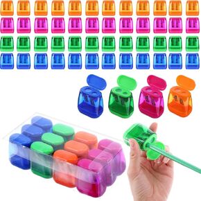 48 Pieces Handheld Pencil Sharpener, Two Hole Pencil Sharpener with Lid, Color Pencil Sharpeners for Kids, Bulk Manual Pencil Sharpener, for School, Office, Home(Pink, Yellow, Green, Blue)