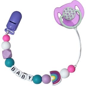 Pacifier Clip Chain with Magnetic Pacifier for Reborn Baby Dolls Feeding Toy Accessories for Kids Gift (Purple Flower + Rainbow Clip Chain)