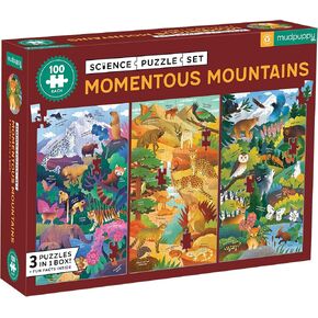 Momentous Mountains Science Puzzle Set from Mudpuppy, Includes Three 100-piece Puzzles with Colorful Illustrations of Famous Mountain ranges, Ages 6+, Trifold Insert with Fun Science Facts Included