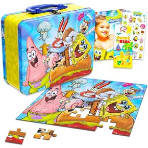Spongebob Tin Lunch Box Puzzle Bundle - Spongebob Squarepants Lunchbox with Spongebob Puzzle 48 Piece for Kids Plus Tattoos, Stickers, More | Spongebob School Supplies Set for Kids
