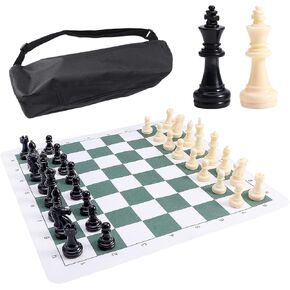 Tournament Chess Mat with Chess & Storage Bag, PU Leather Tournament Roll Up Chess Board, Chess Rollable Chessboard, Chess Mat Set for Kids and Adults (34cm with Chess Set)