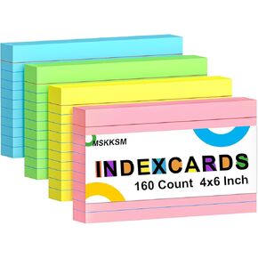 Colored Index Cards 4x6 Inch - 160 Pack, Heavy Ruled Index Flash Cards for Studying, Lined Index Note Cards 4" x 6" with Colorful, Neon Colored Flashcards Notecards 4x6 for Office & Teaching Supplies