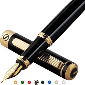 Scriveiner Luxury Fountain Pen - Stunning Black Lacquer Pen, 24K Gold Finish, Schmidt 18K Gilded Nib (Medium), Converter, Best Pen Gift Set for Men & Women, Professional, Executive, Office, Nice Pens