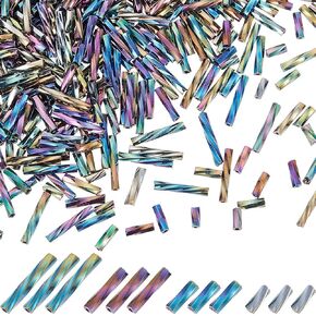 CREATCABIN 1840Pcs 4 Sizes Silver Twisted Bugle Beads 5/6/9/12mm Glass Metallic Bugle Beads Long Tube Seed Beads Loose Spacer Bead Mini Lustered for Craft Bracelet Necklace Earring Jewelry Making