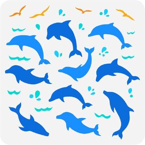 FINGERINSPIRE Dolphin Painting Stencil Wallpaper Alternative 11.8x11.8 inch Hollow Out Seagull Craft Stencil Reusable Plastic Marine Life Ocean Dolphin Stencil for Photo Album, Tiles, Canvas Bag