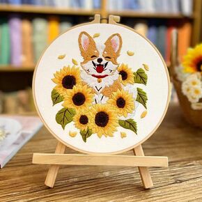 Generic Embroidery Starter Kits Corgi & Sunflowers with Pattern and Instructions, Plastic Embroidery Hoops,Threader,Color Threads and Needles,Embroidery Kit for Beginners(IN50), HAOJIN-JIN-kits50