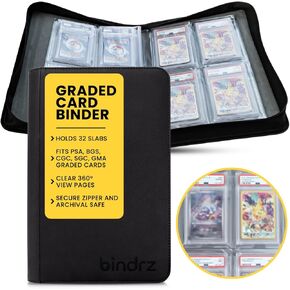 4 Pocket Graded Card Binder – Holds 32 Slabs - Archival Safe Zipper Album Storage Compatible with PSA, BGS, CGC, SGC, GMA and AGS Slab (Black)