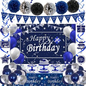 Blue Birthday Decorations for Men Women Boys, Navy Blue and Silver Happy Birthday Decorations, Happy Birthday Backdrop Tablecloth Balloons Pennant Banner Flags, Mens Boy Bday Party Supplies Decor