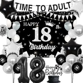 18th Birthday Decorations Black and Silver Time to Adult 18 Years Old Birthday Decorations Happy 18th Birthday Cake Topper Backdrop Banner Star Foil Balloons for Boys Girls