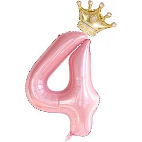 40 Inch Pink Crown Number 4 Balloons Set, 4th Birthday Balloons for Girls, Childrens 4th Birthday Party Decorations. (4)