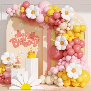 Groovy Daisy Balloon Arch, Boho Balloon Arch Kit with Dusty Pink Light Pink Mustard Yellow Nude Sand White Daisy Balloons for Boho Baby Shower Flower Groovy One Two Birthday Party Decorations