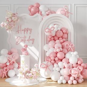 Pink Bow Birthday Decorations Pink Balloon Arch Kit Include Pink and White Balloons Light Pink Long Balloons Coquette Birthday Decorations