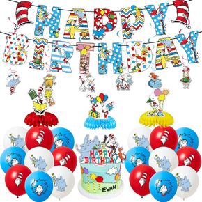 زخارف حفلة عيد ميلاد SEUSS Cat ، قطة في The Hat موضوع عيد ميلاد لافتة قرص العسل المركزية معلقة بولة البالونات اللاتكس لحفلة عيد الميلاد