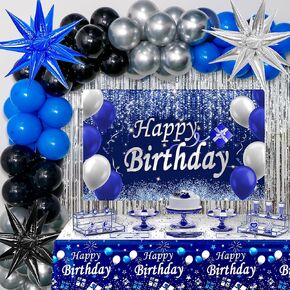 Birthday Decorations for Men Women, Blue Happy Birthday Decorations for Boys Happy Birthday Banner, Birthday Tablecloth Fringe Curtains Star Foil Balloons Bady Party Backdrop for Him Her
