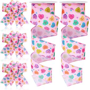 2 Roll Valentine's Day Conversation Heart Wired Edge Ribbon 2.5 Inch White Craft Ribbon Candy Heart Fabric Ribbon for Bow Wreath Gift Wrap Home Decor, 20 Yards
