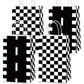Qyeahkj 16Pcs Racing Car Treat Goodie Bags Black and White Checkered Gift Snacks Candy Party Favors Bags with Handles Racing Flag Bag for Kids Race Car Birthday Baby Shower Supplies 8.3 x 3.1 x 4.7