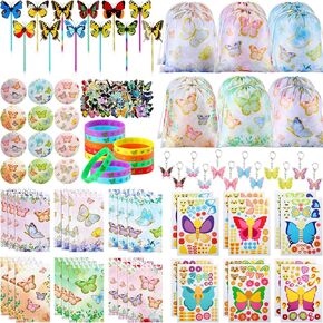 140 Pcs Butterfly Party Favors Spring Butterfly Birthday Party Supplies Include Mini Notebook Pen Keychain Bracelet Drawstring Bag Sticker Fairy Favor for Birthday Supply