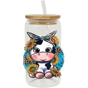 UV DTF Cup Wrap, Cute Cow Cartoon UV DTF Transfer Sticker, 1/3 Sheets Cow Waterproof UV DTF Cup Wrap Rub on Transfer Stickers Decalsfor 16 OZ Glass Cups, Clear Film Transfer Paper for Crafts Decal