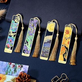 4pcs Metal Bookmarks with Tassel, Pretty Metal Bookmarks for Reading Lovers, Women, Men, Kids, Book Lovers, Van Gogh Oil Painting Theme Vintage Bookmarks Accessories