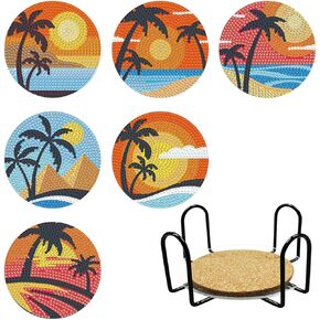 Coconut Tree Diamond Painting Coasters - pigpigboss 6 PCS DIY Diamond Painting Coasters with Holder Crystal Diamond Dots Art Coasters Ocean for Beginners Adult Home Decor