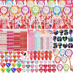 Adisher 28 Pack Valentines Day Gifts for Kids, Valentines Day Cards for Kids School Stationery Set with Pencils Erasers Sharpener Stampers Goodie Bags for School Classroom Exchange Gifts