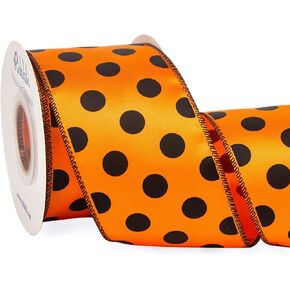 Ribbli Orange with Black Dots Ribbon Orange and Black Wired Satin Ribbon,2-1/2 Inch x Continuous 10 Yard,Polka Dot Ribbon for Big Bow,Wreath,Tree Decoration