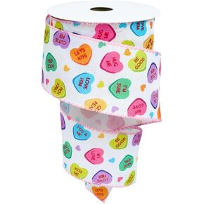 Conversation Heart Wired Edge Ribbon Candy Heart Fabric Craft Ribbon Valentine's Day Wired Ribbon for Gift Wrapping Floral Arrangement Wreath Bow DIY Crafts Decor, 10 Yards, 2.5 Inch