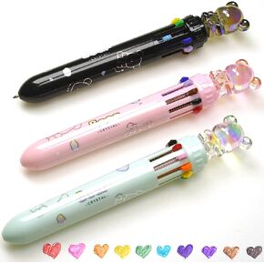 3-Pack Multi Color Pens All in One, 0.7 mm 10 in 1 Multicolor Ballpoint Pen with Cute Crystal Bear Nibs, Transparent Pouch, Ideal for Students, Office, and Kids’Gifts