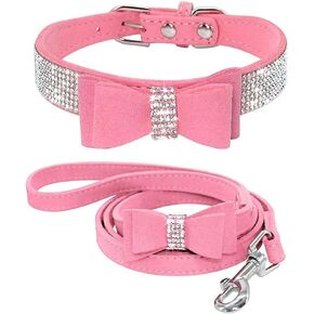 Beirui Rhinestone Bling Leather Dog Collar and Leash Set - Soft Flocking Sparkly Crystal Diamonds Studded - Cute Double Bowknot Cat Collar with 4 Foot Leash for Pet Show,Pink,Neck:6-8"