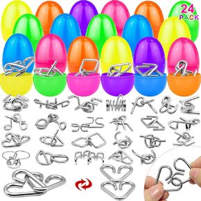 24 Pack Prefilled Easter Eggs with Metal Brain Teaser Puzzle Toys, Stress Relief Fidget Toys Brain Teaser Games for Kids Boys Girls Toddles Easter Basket Stuffers Fillers Gift Party Favors Easter Hunt
