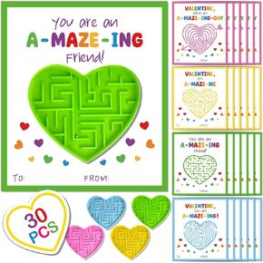Valentines Favors for Kids Classroom - 30 Pack Heart Maze Toy with Valentines Cards for Kids School, Funny Valentines Gifts for Classroom Exchange, Valentines Party Favors for Boys, Girls