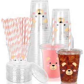 Whaline 50Pcs One Happy Dude Smile Face Disposable Plastic Cups with Lid and Straws 12oz Happy Face Party Cups Cold Beverage Drinking Cup for Fall Birthday Baby Shower Wedding Party Supplies