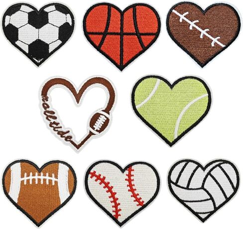 8 PCS Heart Shape Sew on Patches Ball Sports Style Iron on Patches Embroidered Appliques Sticker Patches for Clothes Dress Hat Jeans in Saudi Arabia