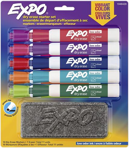 EXPO Low Odor Dry Erase Marker Starter Set with White Board Eraser, Chisel Tip Dry Erase Markers, Assorted Colors, 11-Piece Set in Saudi Arabia