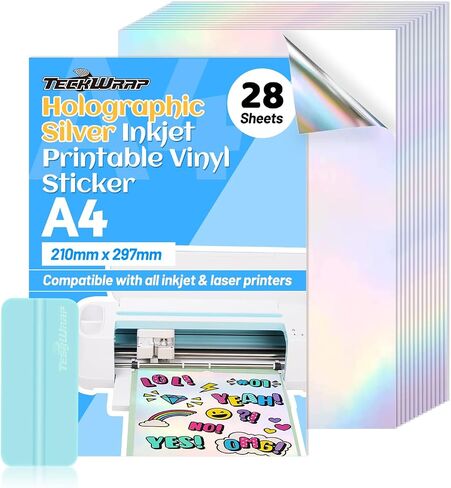 TECKWRAP Holographic Sticker Paper Clear Overlay Laminating Sheets Matte White Inkjet Printable Vinyl 8.26" x 11.69" A4 Size 36 sheets/Pack Laminate Sticker Film for Craft, Scrapbooking, Craft Cutters in Saudi Arabia