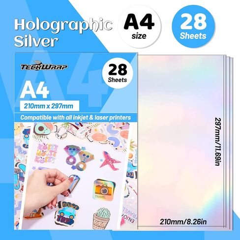TECKWRAP Holographic Sticker Paper Clear Overlay Laminating Sheets Matte White Inkjet Printable Vinyl 8.26" x 11.69" A4 Size 36 sheets/Pack Laminate Sticker Film for Craft, Scrapbooking, Craft Cutters in Saudi Arabia