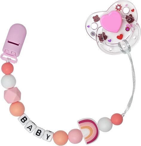Pacifier Clip Chain with Magnetic Pacifier for Reborn Baby Dolls Feeding Toy Accessories for Kids Gift (Purple Flower + Rainbow Clip Chain) in Saudi Arabia