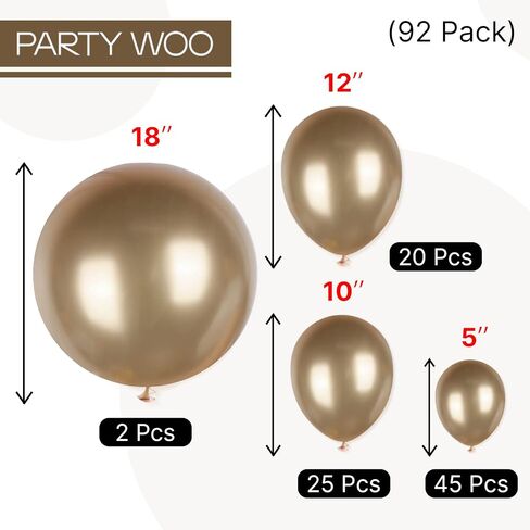 PartyWoo Chrome Gold Balloons 92 pcs Different Sizes Pack of 18 12 10 5 Inch Metallic Gold Balloon Arch Kit Garland for Birthday Graduation Baby Shower Wedding Party Decorations Gold-G127 in Saudi Arabia