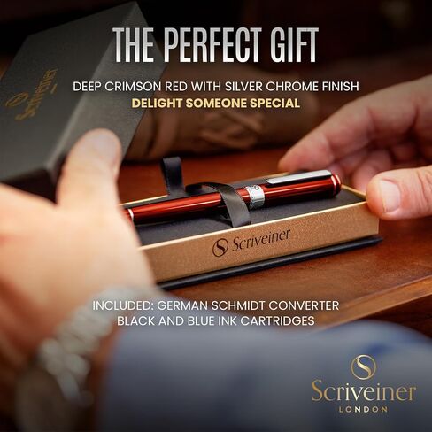Scriveiner Luxury Fountain Pen - Stunning Black Lacquer Pen, 24K Gold Finish, Schmidt 18K Gilded Nib (Medium), Converter, Best Pen Gift Set for Men & Women, Professional, Executive, Office, Nice Pens in Saudi Arabia