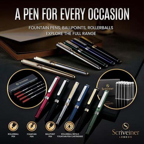 Scriveiner Luxury Fountain Pen - Stunning Black Lacquer Pen, 24K Gold Finish, Schmidt 18K Gilded Nib (Medium), Converter, Best Pen Gift Set for Men & Women, Professional, Executive, Office, Nice Pens in Saudi Arabia