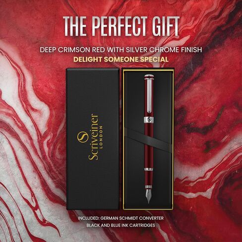 Scriveiner Luxury Fountain Pen - Stunning Black Lacquer Pen, 24K Gold Finish, Schmidt 18K Gilded Nib (Medium), Converter, Best Pen Gift Set for Men & Women, Professional, Executive, Office, Nice Pens in Saudi Arabia