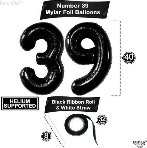 Katchon ، Big 39 Balloons Numbers Black - 40 inch | 39 عدد البالونات ، زينة عيد ميلاد 39 للرجال | 39 بالونات عيد ميلاد ، احباط أسود 39 بالونات لعيد الميلاد | 39 زخارف عيد ميلاد للنساء in Kuwait