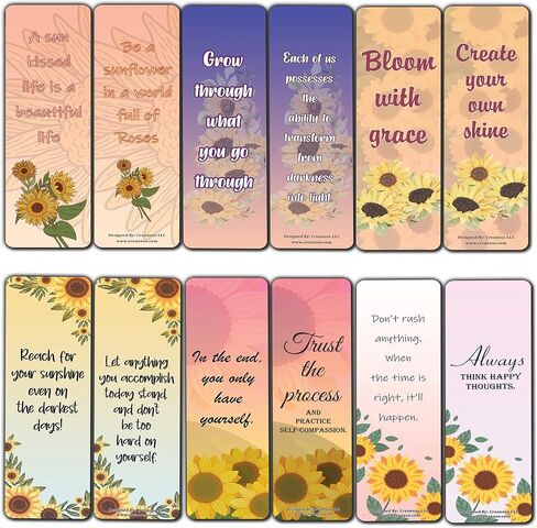 Creanoso Sunflower Themed Positive Quotes Bookmarks (2-Sets x 6 Cards) – Daily Inspirational Card Set – Interesting Book Page Clippers – Great Gifts for Adults and Professionals in Kuwait