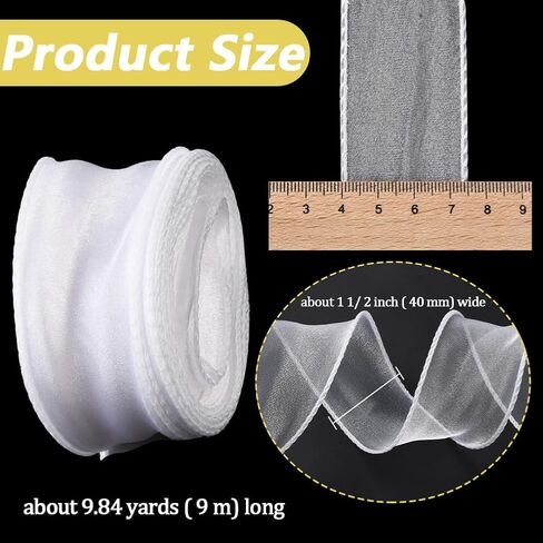 About 10 Yards 1.5 Inch Iridescent Organza Ribbon Transparent Fishtail Wired Ribbon White Sheer Mesh Glitter Yarn Ribbons Bulk for Sewing Making Craft Bouquet Gift Wrapping Decor DIY Supply in Kuwait