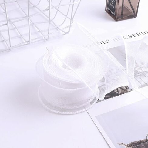 About 10 Yards 1.5 Inch Iridescent Organza Ribbon Transparent Fishtail Wired Ribbon White Sheer Mesh Glitter Yarn Ribbons Bulk for Sewing Making Craft Bouquet Gift Wrapping Decor DIY Supply in Kuwait