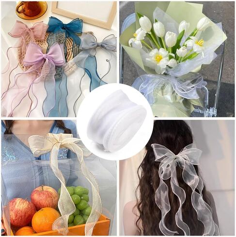 About 10 Yards 1.5 Inch Iridescent Organza Ribbon Transparent Fishtail Wired Ribbon White Sheer Mesh Glitter Yarn Ribbons Bulk for Sewing Making Craft Bouquet Gift Wrapping Decor DIY Supply in Kuwait